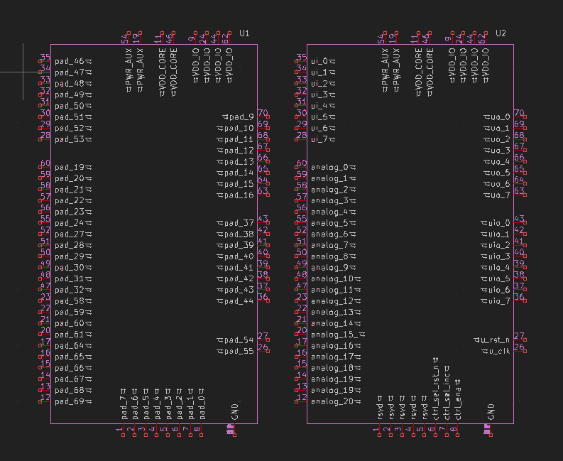 "70-pin mezzanine COB symbol organized by signal type (Tiny Tapeout version)"